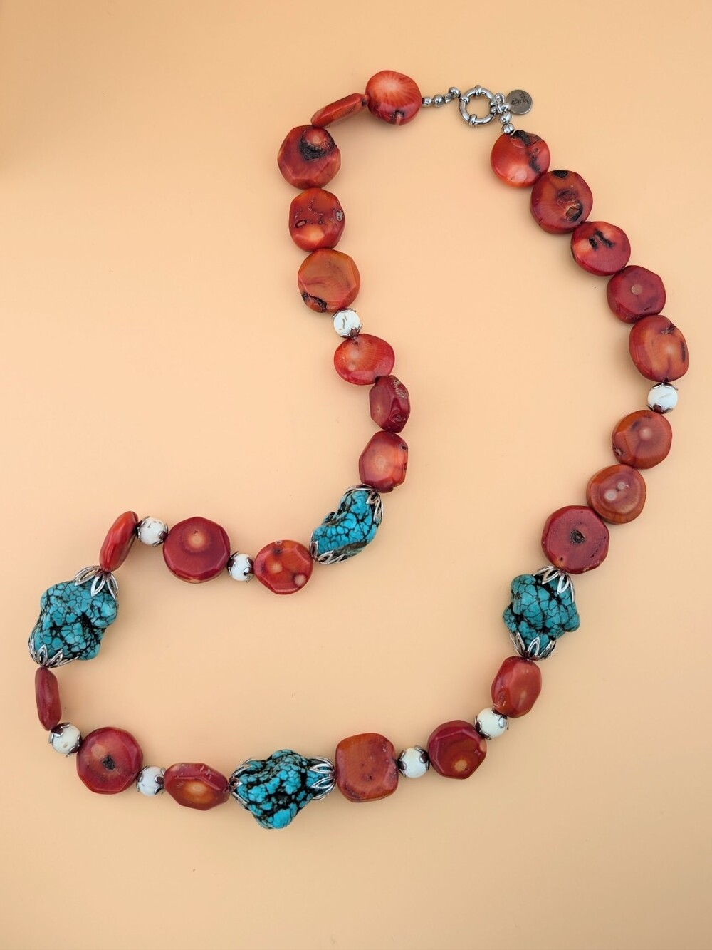 Coral & Turquoise Colored Gemstone Necklace - Southwest Boho Statement Jewelry